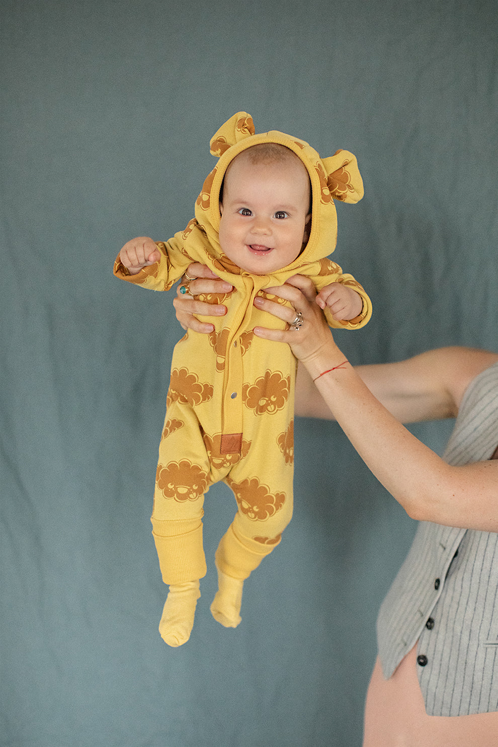 Eared Jumpsuit for Babies and Kids - Yellow with Clouds