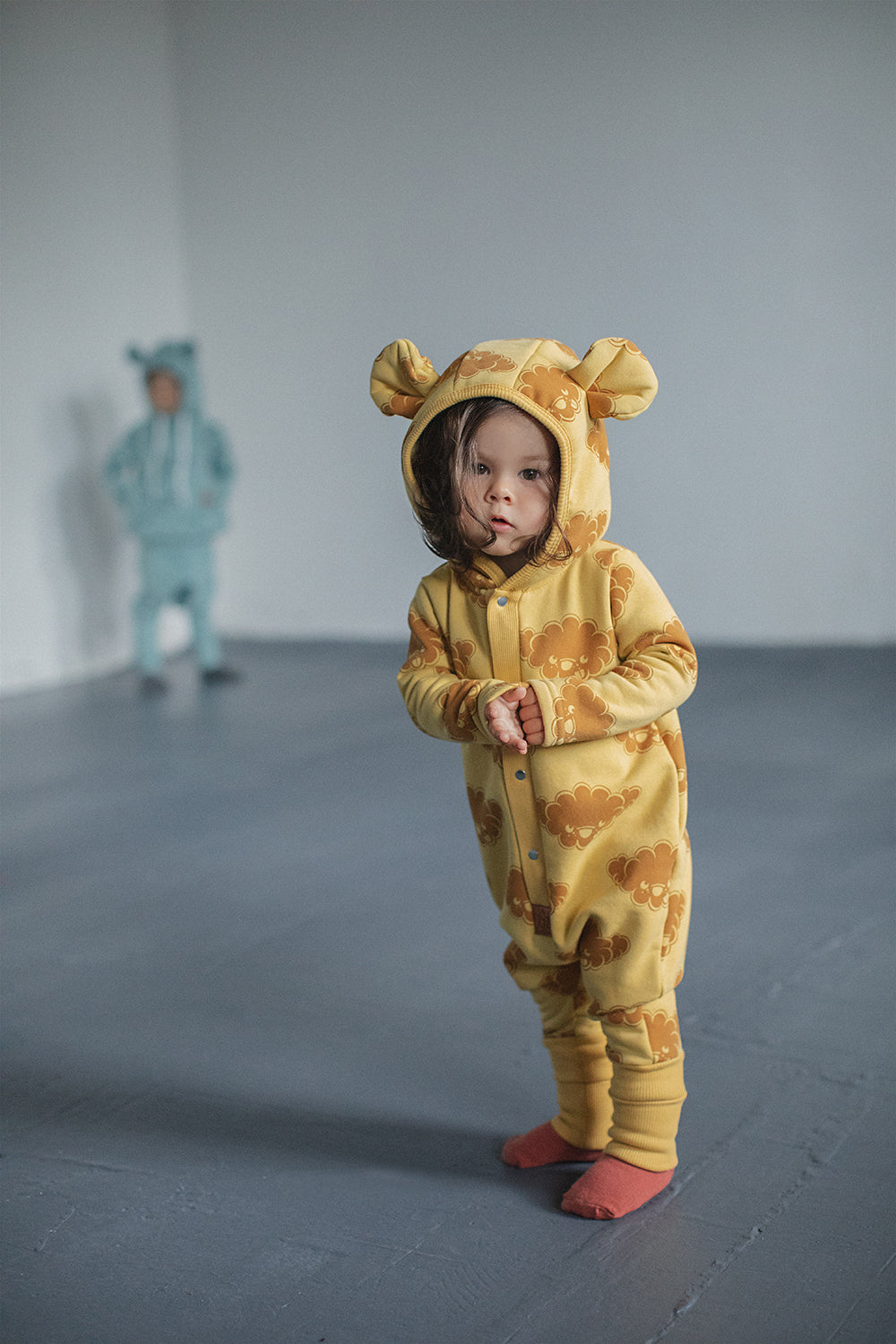 Eared Jumpsuit for Babies and Kids - Yellow with Clouds