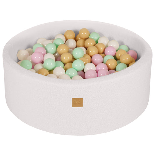 Round Ball Pit with 200 Pastel pink/Mint/White/Beige balls, 90x30cm - White Boucle