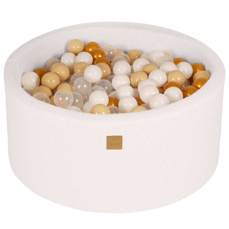 Round Ball Pit with 300 Gold/Beige/White/Transparent balls, 90x40cm - White Boucle