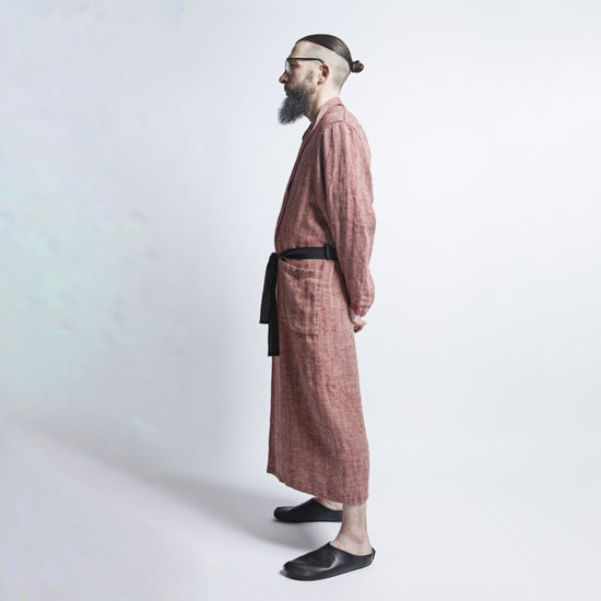 Linen Men's Bathrobe - Red Fishbone