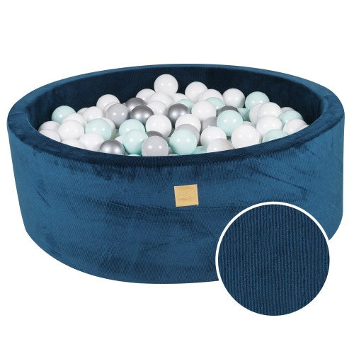 Round Ball Pit With 200 Blue/White/Metallic Balls, 90x30cm - Blue Velvet