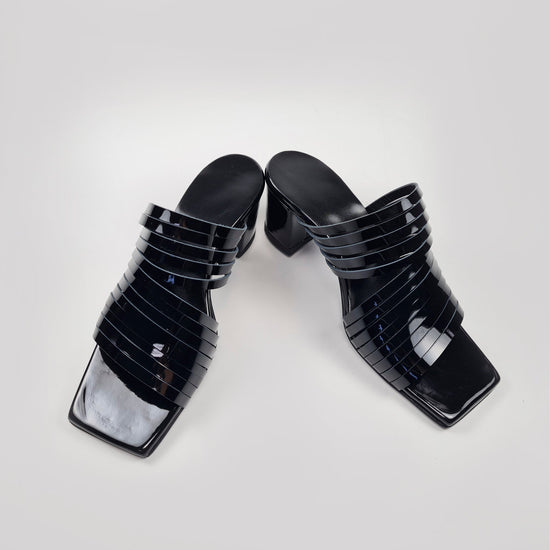 Handmade Strappy Patent Leather Sandals - Black