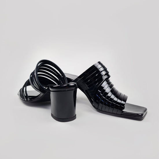 Handmade Strappy Patent Leather Sandals - Black