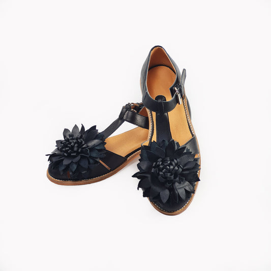 Handmade Leather Fisherman Sandals - Black Flower