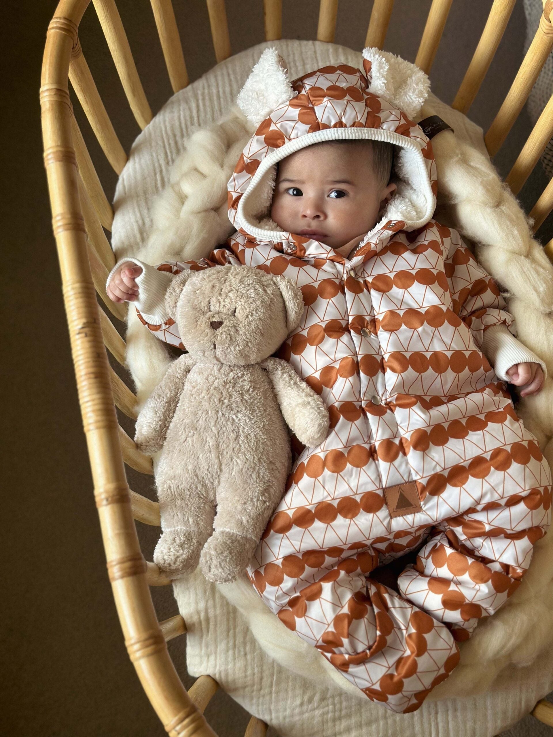 Winter Jumpsuit with Teddy Lining for Babies and Kids - Orange Dots