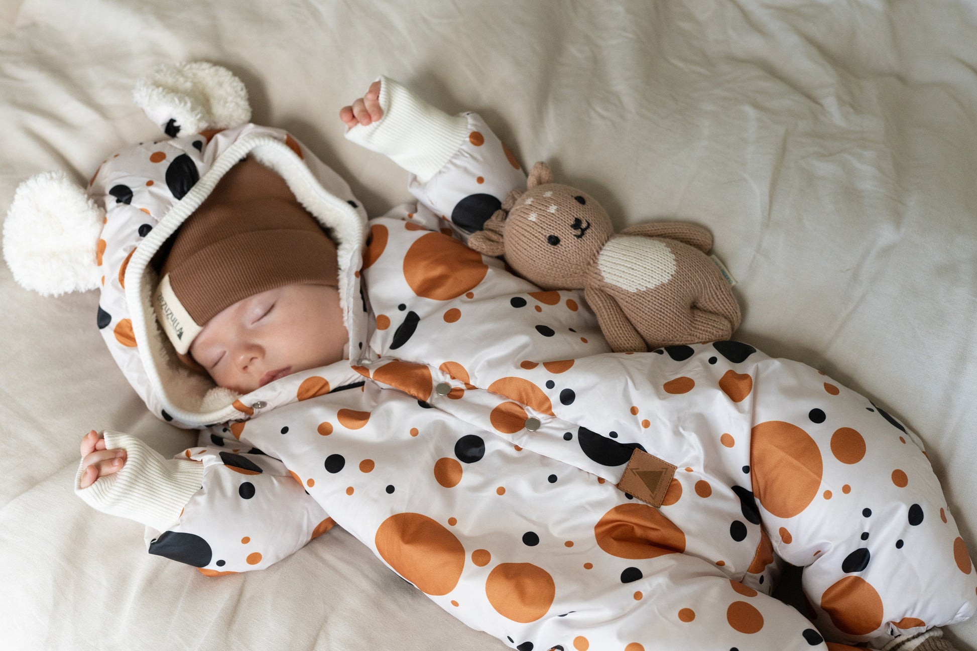 Winter Jumpsuit with Teddy Lining for Babies and Kids - Black and Orange Dots