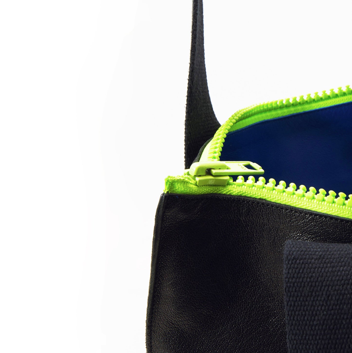 Handmade Leather Tote - Black With Neon Zipper