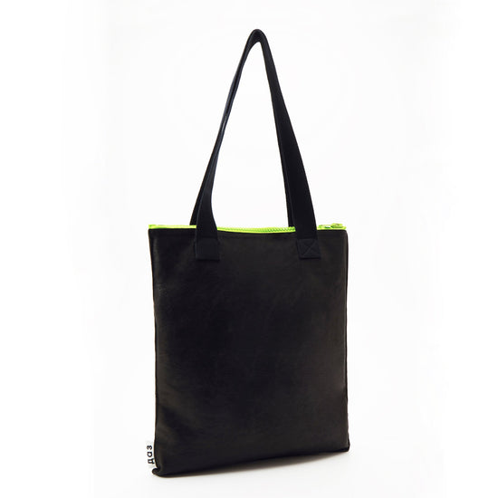 Handmade Leather Tote - Black With Neon Zipper